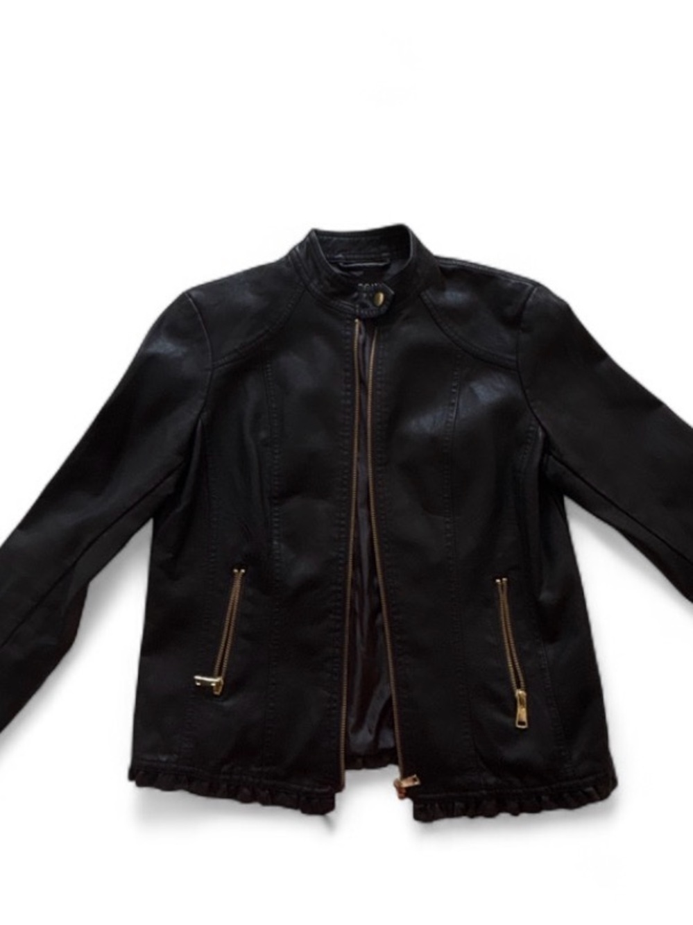 Black Faux Leather Zip Jacket with Ruffle Trim andGold Hardware